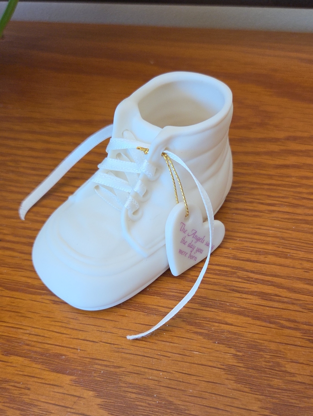White Ceramic Baby Shoe Keepsake with Sentimental Heart Tag